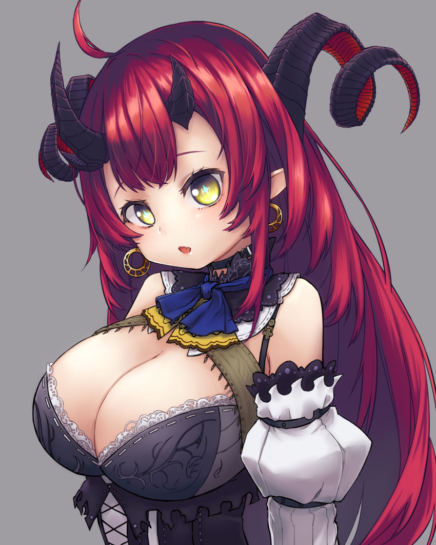 +_+ 1girl ahoge bangs bare_shoulders black_collar blue_neckwear breasts cleavage collar curled_horns demon_girl demon_horns detached_sleeves earrings fang highres horns jewelry lace_trim large_breasts long_hair looking_at_viewer magrona magrona_channel namec0 open_mouth red_hair solo upper_body very_long_hair virtual_youtuber yellow_eyes