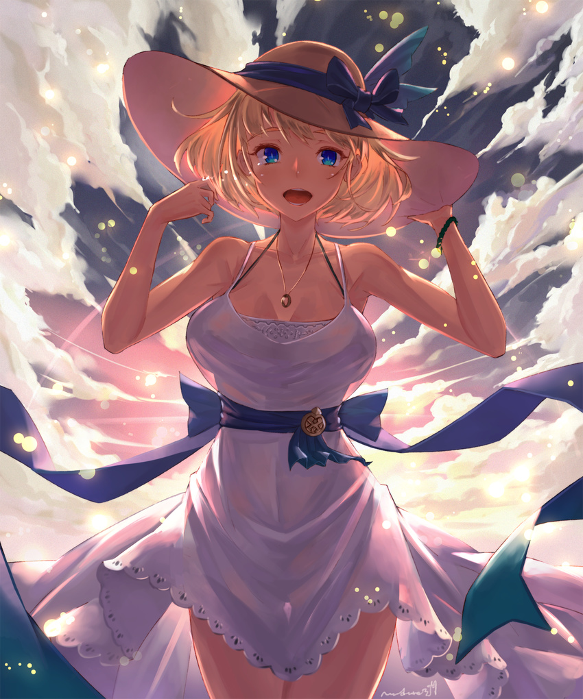 :d blonde_hair blue_eyes blush breasts cloud dress hand_on_headwear hat hat_ribbon highres jewelry large_breasts looking_at_viewer nadare-san_(nadare3nwm) open_mouth original pendant ribbon short_hair sky smile solo sun_hat sundress white_dress