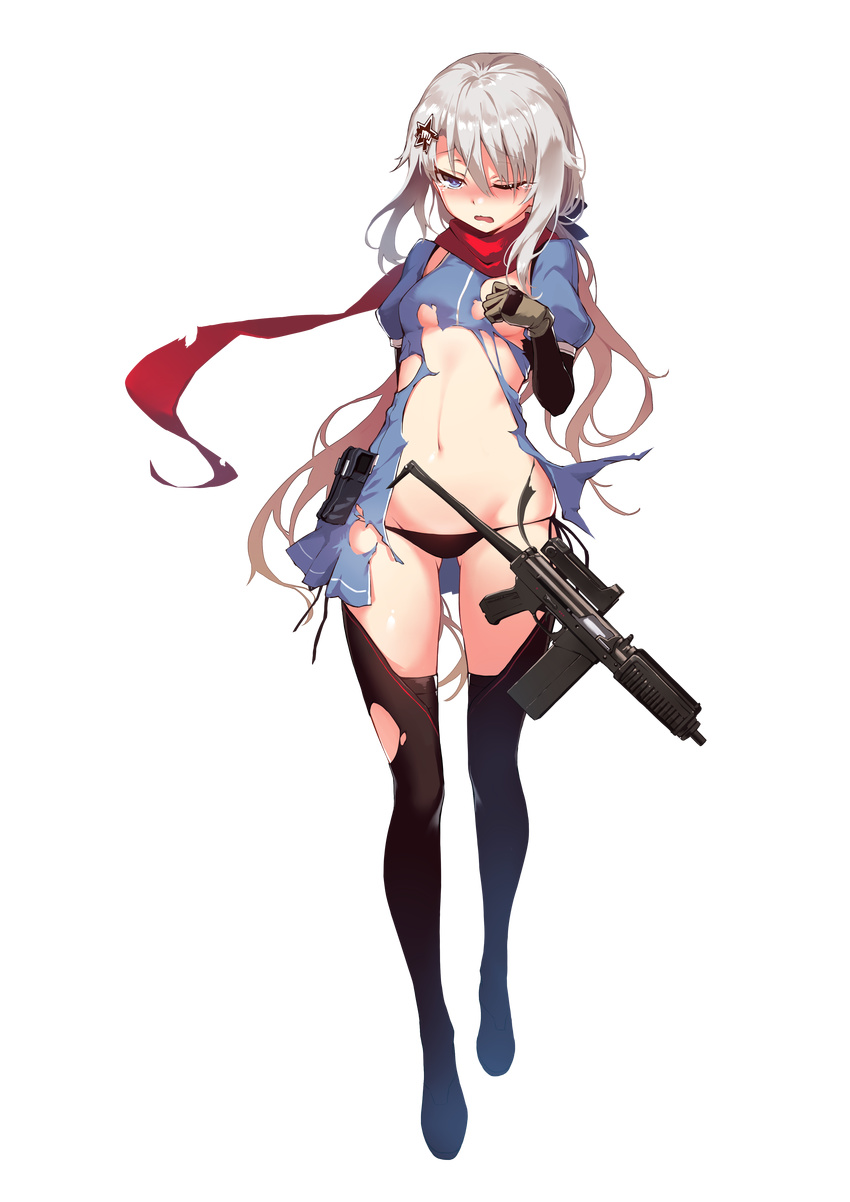 9a-91 9a-91_(girls_frontline) absurdres ammunition_pouch assault_rifle black_legwear black_panties blue_eyes blush boots breasts elbow_gloves fangdan_runiu full_body girls_frontline gloves gun hair_between_eyes hair_ornament highres long_hair low_twintails navel official_art one_eye_closed panties pouch red_scarf rifle scarf silver_hair small_breasts solo string_panties tears thigh_boots thighhighs torn_clothes torn_legwear transparent_background twintails underwear weapon