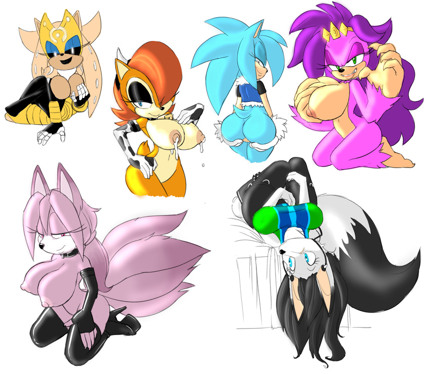 2016 anthro areola big_breasts big_butt breasts butt canine chipmunk erect_nipples fan_character female fox group hedgehog huge_breasts lactating mammal milk nipples nude queen_aleena ravnic rodent sally_acorn sonic_(series) werehog