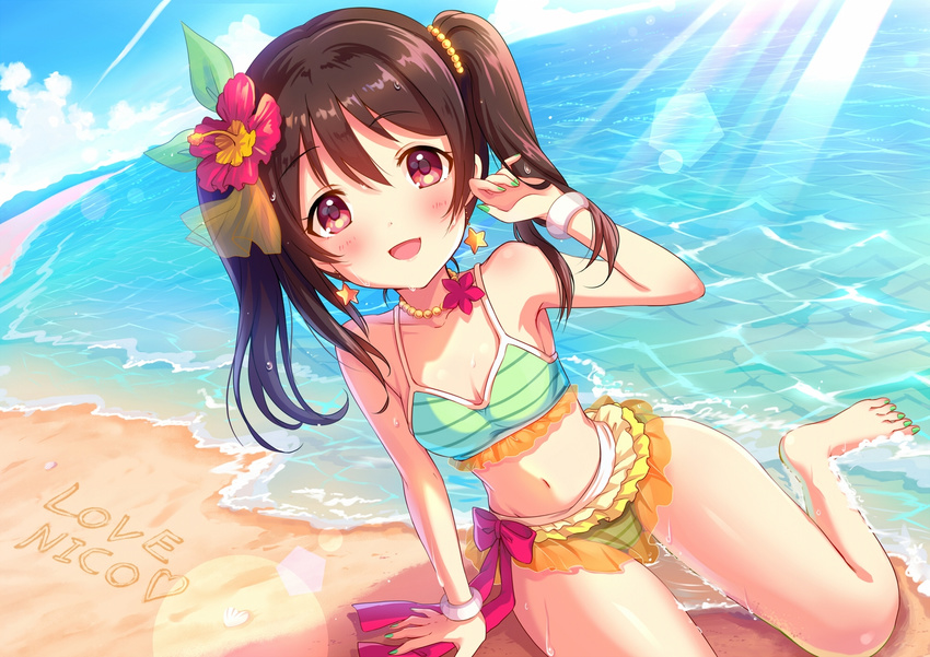 1girl arm_support barefoot beach bikini birthday blue_sky blush breasts brown_hair cloud dutch_angle earrings emyuu feet female green_nails hair_ornament hair_ribbon highres horizon jewelry looking_at_viewer love_live!_school_idol_project nail_polish natsuiro_egao_de_1_2_jump! navel necklace ocean outdoors red_eyes ribbon sand short_hair short_twintails sitting sky small_breasts solo star star_earrings swimsuit tied_hair toes twintails yazawa_nico