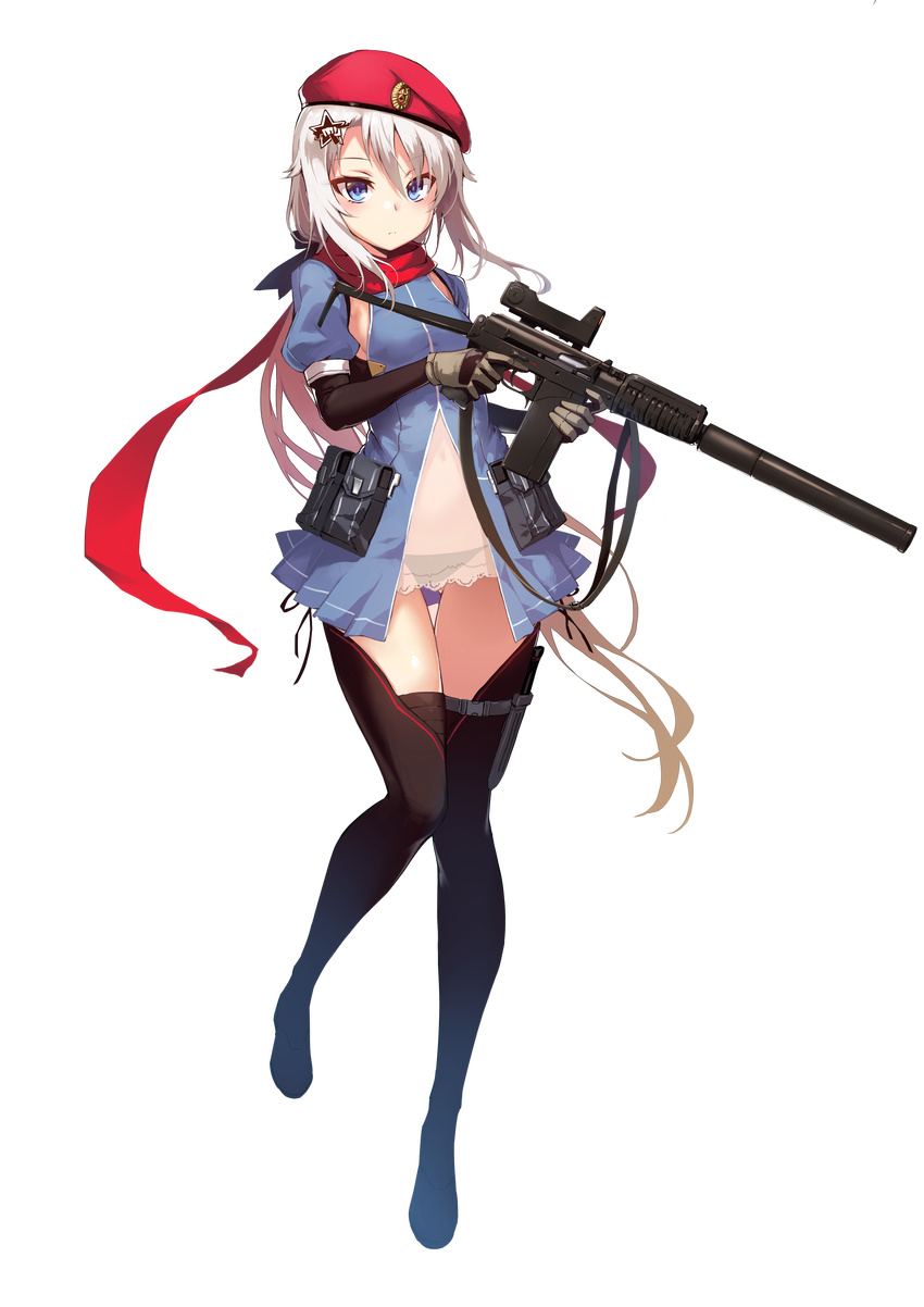 9a-91 9a-91_(girls_frontline) absurdres ammunition_pouch assault_rifle beret black_legwear black_panties blue_dress blue_eyes boots dress elbow_gloves fangdan_runiu full_body girls_frontline gloves gun hair_ornament hat highres holding holding_gun holding_weapon knife long_hair looking_at_viewer low_twintails navel official_art panties pouch puffy_short_sleeves puffy_sleeves red_scarf rifle scarf see-through short_sleeves silver_hair solo suppressor thigh_boots thigh_gap thigh_strap thighhighs transparent_background trigger_discipline twintails underwear weapon