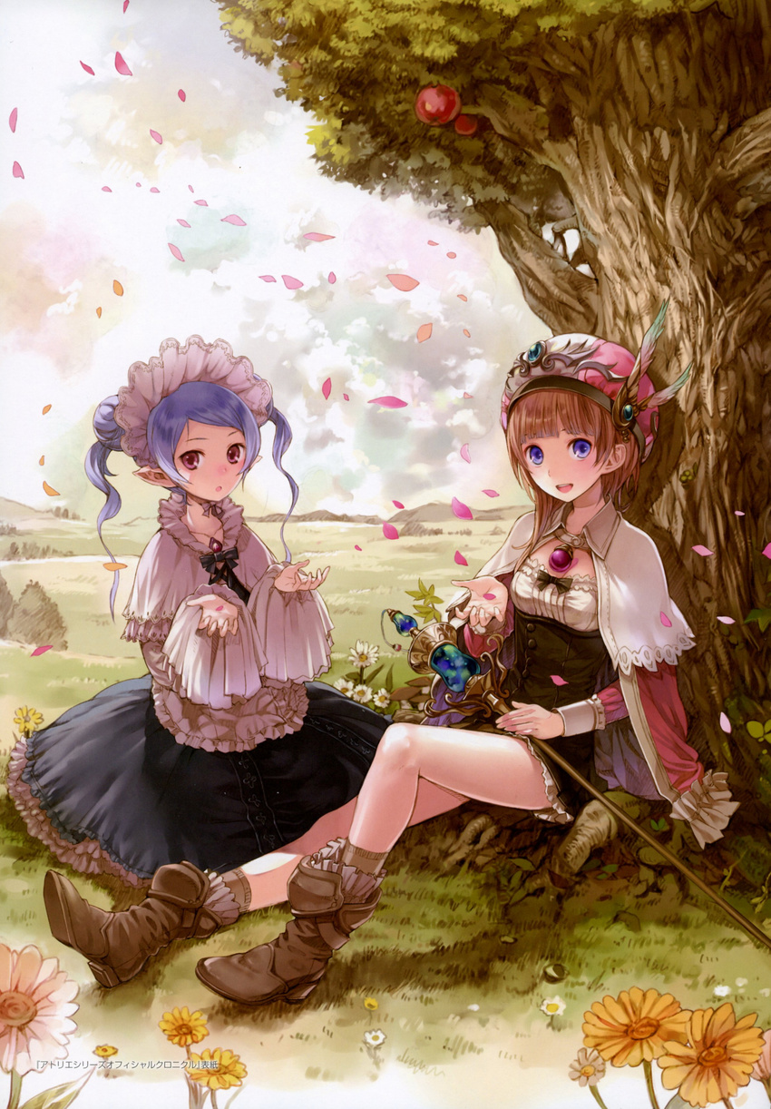 absurdres apple apron atelier_(series) atelier_rorona blue_hair boots brown_hair dress feathers food fruit hat highres hom_(atelier) jewelry kishida_mel looking_at_viewer multiple_girls pendant petals pointy_ears ribbon rororina_fryxell sitting staff tree twintails