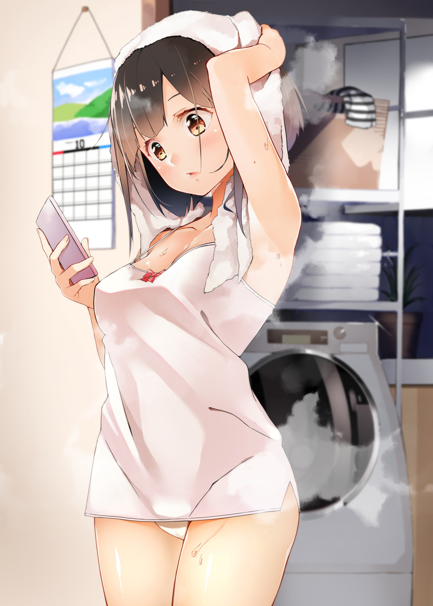 arm_up armpits bangs bare_arms blush bow breasts brown_eyes brown_hair byte_(allbyte) calendar_(object) cellphone chemise collarbone commentary_request cowboy_shot drying drying_hair hand_on_own_head highres holding holding_phone indoors laundry_basket looking_at_phone medium_breasts original panties parted_bangs parted_lips phone plant potted_plant red_bow shiny shiny_hair smartphone solo standing steam towel towel_on_head underwear washing_machine wet white_panties