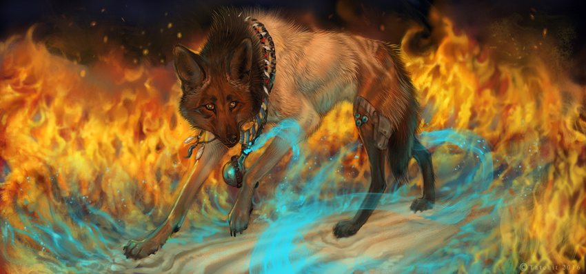 ambiguous_gender brown_fur canine detailed_background feral fire fur hindpaw mammal nude paws solo standing tatchit tribal white_fur wolf