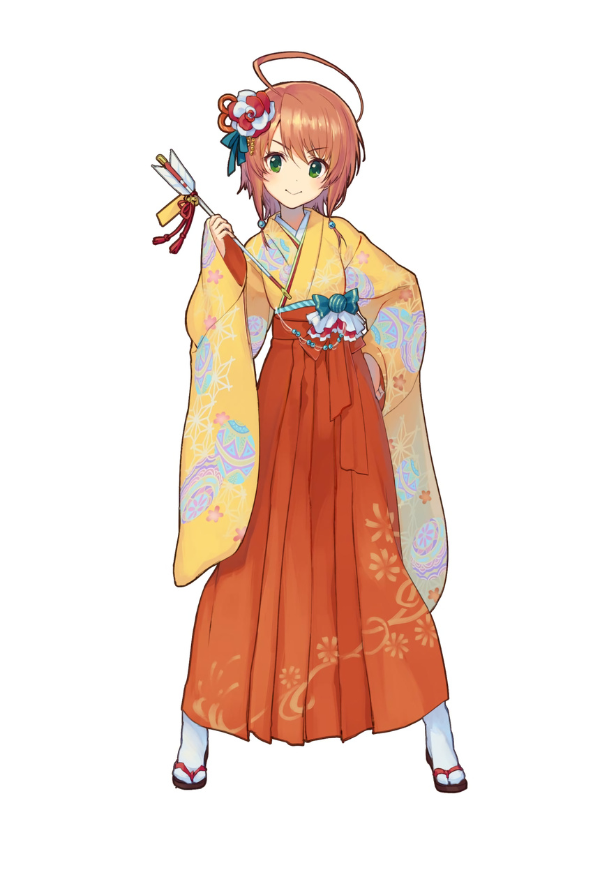 ahoge arrow contrapposto flower full_body furisode green_eyes hair_flower hair_ornament hakama highres holding japanese_clothes kimono long_sleeves looking_at_viewer nonoya_nayori sandals short_hair simple_background smile solo source_request standing tabi tantei_opera_milky_holmes toys_drive white_background wide_sleeves yuzurizaki_nero