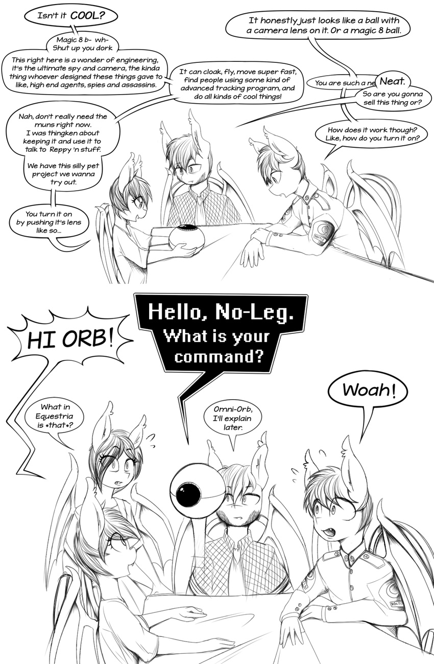 2016 anthro bat_pony bat_wings comic dialogue english_text fan_character female group levitation male membranous_wings monochrome my_little_pony nectarine_wynne nolegs_(oc) replica_(artist) text wings