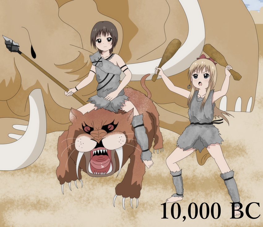 2girls animal artist_request barefoot blonde_hair club dated dual_wielding fangs far_cry far_cry_primal funami_yui highres mammoth multiple_girls prehistoric prehistoric_animal spear toshinou_kyouko weapon yuru_yuri