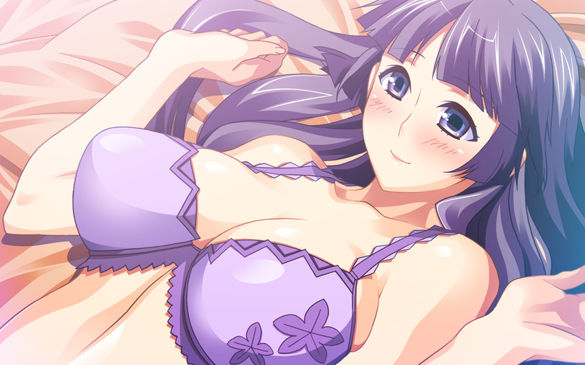 1girl bare_arms bare_shoulders bed blue_eyes blush bra breasts cleavage coscos!:_anata_gonomi_no_cosplay_h_shite_ageru eyebrows eyebrows_visible_through_hair game_cg hamashima_shigeo highres hime_cut large_breasts long_hair looking_down lying on_bed pillow purple_hair smile solo upper_body