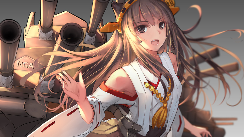 ahoge bangs bare_shoulders breasts brown_eyes brown_hair brown_skirt cosplay detached_sleeves double_bun fingernails gradient gradient_background hairband hand_up headgear highres japanese_clothes kantai_collection kongou_(kantai_collection) kongou_(kantai_collection)_(cosplay) long_fingernails long_hair looking_at_viewer machinery medium_breasts nontraditional_miko open_mouth original ribbon-trimmed_sleeves ribbon_trim skirt smile solo turret weiyinji_xsk wide_sleeves