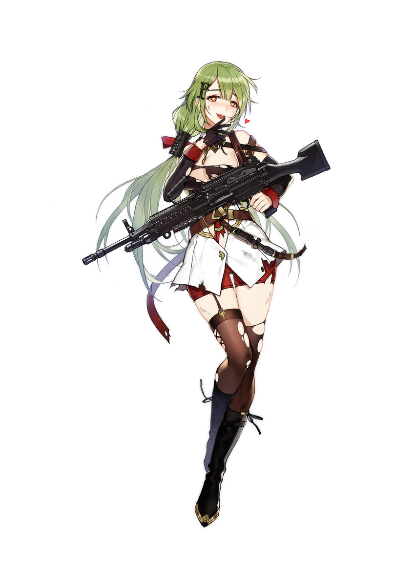 absurdres belt black_gloves blush breasts bright_pupils brown_hair cleavage detached_sleeves finger_licking full_body garter_straps girls_frontline gloves green_hair gun hair_ornament hairclip heart heart-shaped_pupils highres holding holding_gun holding_weapon licking long_hair looking_at_viewer machine_gun medium_breasts mk48 mk48_(girls_frontline) official_art open_mouth ponytail red_eyes sa_(h28085) sling smile solo symbol-shaped_pupils thigh_gap thighhighs torn_clothes torn_legwear transparent_background trigger_discipline weapon