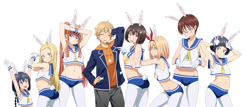 6+girls :d \o/ absurdres ahoge animal_ears armpits arms_up ass ayase_kaori bangs blazer blonde_hair blue_eyes blunt_bangs blush bob_cut braid breasts brown_eyes brown_hair bunny_ears bunny_hair_ornament bunny_pose buruma character_request closed_eyes colette_(kono_bijutsubu_niwa_mondai_ga_aru!) commentary_request crop_top double_bun double_v facepalm glasses gloves green_eyes groin hair_ornament hair_ribbon hand_in_hair hand_on_hip highres honda_sayaka hood hoodie imari_maria jacket kono_bijutsubu_niwa_mondai_ga_aru! kunikawa_ryouko large_breasts long_hair looking_at_viewer looking_back midiman midriff moeka_(kono_bijutsubu_niwa_mondai_ga_aru!) multiple_girls navel open_mouth orange_hair outie_navel outstretched_arms pantyhose pose red_eyes ribbon sailor_collar semi-rimless_eyewear short_hair sidelocks single_braid sleeveless small_breasts smile transparent_background twintails uchimaki_subaru under-rim_eyewear usami_mizuki v wedgie white_gloves white_legwear