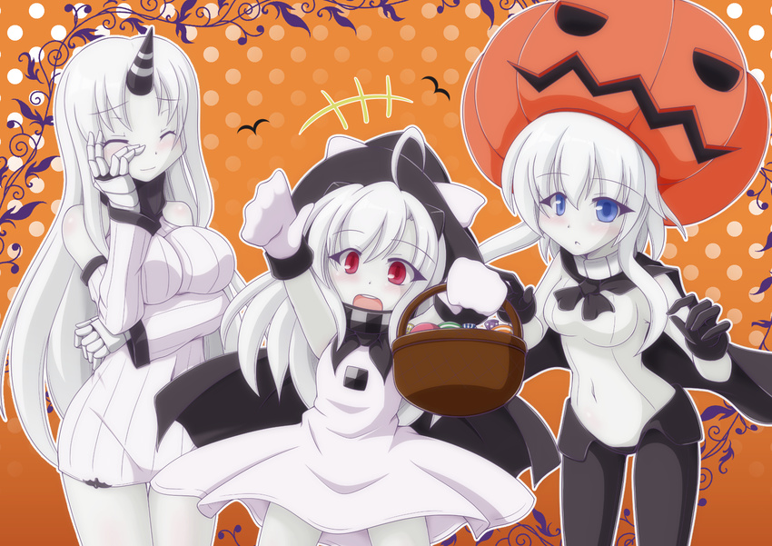 3girls :d :o arm_up blue_eyes breasts candy cape check_commentary commentary_request covered_navel food halloween halloween_costume highres kantai_collection kurenaidahlia large_breasts long_hair looking_at_viewer multiple_girls northern_ocean_hime open_mouth pale_skin pumpkin red_eyes ribbed_sweater seaport_hime shinkaisei-kan smile sweater white_hair wo-class_aircraft_carrier