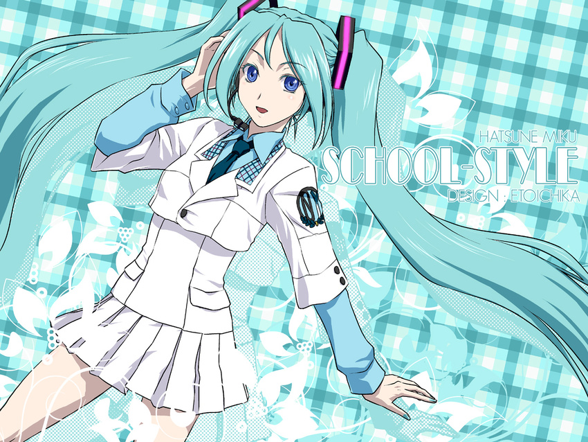 aqua_background aqua_hair aqua_nails bad_id bad_pixiv_id bangs blazer blue_eyes breasts buttons character_name colored_eyelashes cowboy_shot dutch_angle english flower hair_ornament halftone hand_on_own_head hand_up hatsune_miku headset iga_tomoteru jacket long_hair long_sleeves miniskirt nail_polish necktie parted_bangs plaid plaid_background pleated_skirt pocket project_diva project_diva_(series) school_(module) school_uniform skirt small_breasts solo standing twintails very_long_hair vocaloid wallpaper wing_collar zoom_layer