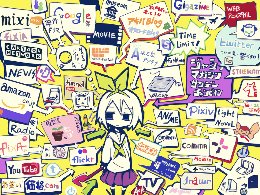 absurdres amazon_(company) axe cartoon_network comiket drawing_tablet flickr game_console google handheld_game_console highres hiiragi_tsukasa internet itunes logo lucky_star megami napster niconico nintendo nintendo_ds pixiv playstation_3 ribbon school_uniform serafuku sne television twitter wacom weapon wii wikipedia wonder_festival xbox youtube