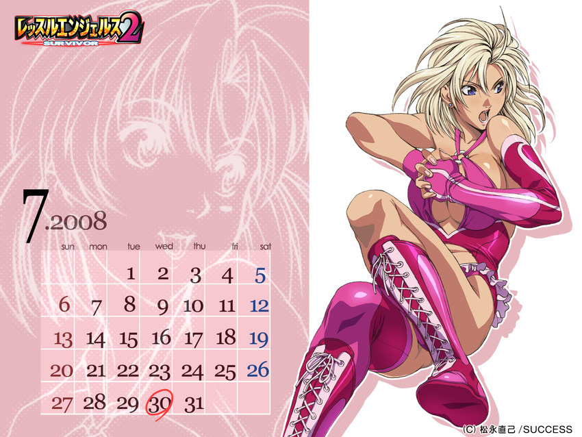 asymmetrical_clothes blonde_hair boots breasts calendar_(medium) cleavage_cutout earrings elbow_gloves fingerless_gloves gloves highres homare_(fool's_art) janice_claire jewelry large_breasts mismatched_gloves open_mouth purple_eyes single_elbow_glove solo thighhighs wallpaper wrestle_angels wrestle_angels_survivor_2