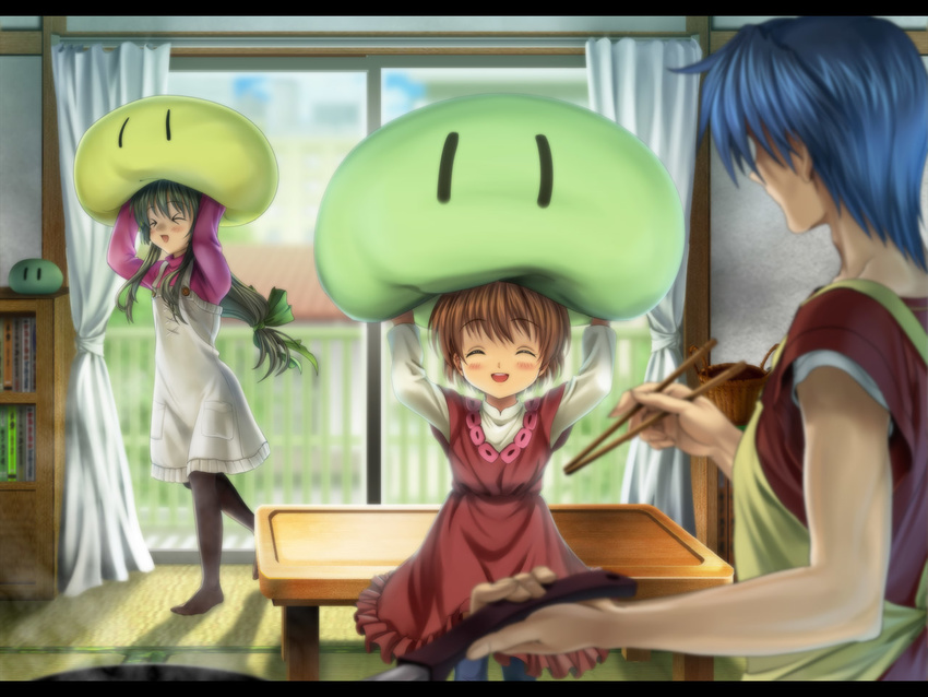 &gt;_&lt; 2girls black_hair blue_hair brown_hair chopsticks clannad closed_eyes cooking dango_daikazoku ibuki_fuuko long_hair multiple_girls mutsuki_(moonknives) okazaki_tomoya okazaki_ushio pantyhose playing short_hair