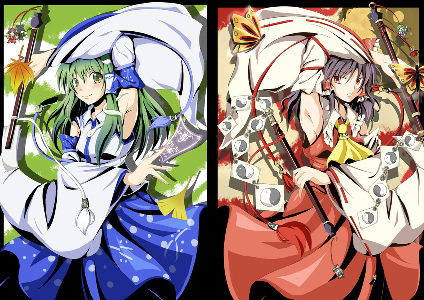 armpits black_hair detached_sleeves gohei green_eyes green_hair hakurei_reimu highres kirisame_marisa kochiya_sanae multiple_girls ofuda red_eyes shino_(moment) touhou