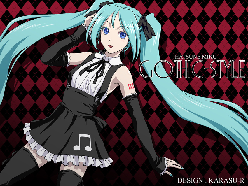 :d alternate_costume aqua_hair aqua_nails armpits bad_id bad_pixiv_id bangs bare_shoulders beamed_eighth_notes black_legwear blue_eyes bow bow_legwear breasts character_name checkered checkered_background colored_eyelashes cowboy_shot detached_sleeves dutch_angle english frills gothic gothic_(module) gradient gradient_background hair_bow hand_on_own_head hand_up hatsune_miku headset iga_tomoteru lace long_hair looking_at_viewer musical_note nail_polish neck_ribbon number open_mouth parted_bangs project_diva project_diva_(series) ribbon shadow sleeves_past_wrists small_breasts smile solo standing suspenders tattoo thighhighs twintails very_long_hair vocaloid wallpaper wing_collar zettai_ryouiki