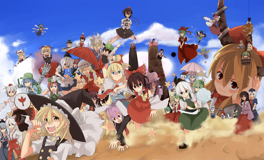 aki_minoriko aki_shizuha alice_margatroid anger_vein animal_ears antennae arm_cannon ascot bangs blonde_hair blue_sky blunt_bangs bow bucket bunny bunny_ears bunny_girl camera cat_ears chen cirno closed_eyes cloud crossed_legs cucumber daiyousei day detached_sleeves doll dress everyone fairy flandre_scarlet fujiwara_no_mokou gap ghost giantess hair_ornament hair_ribbon hakurei_reimu hat hinanawi_tenshi hong_meiling horn horns hoshiguma_yuugi houraisan_kaguya ibuki_suika inaba_tewi insect_wings instrument inubashiri_momiji izayoi_sakuya kaenbyou_rin kagiyama_hina kamishirasawa_keine kawashiro_nitori kazami_yuuka keyboard_(instrument) kirisame_marisa kisume koakuma kochiya_sanae komeiji_koishi komeiji_satori konpaku_youmu kurodani_yamame letty_whiterock long_sleeves lunasa_prismriver lyrica_prismriver maid marisa_stole_the_precious_thing medicine_melancholy mieharu mizuhashi_parsee moriya_suwako multiple_girls mystia_lorelei nagae_iku nekomata oni onozuka_komachi open_eyes outdoors patchouli_knowledge pillow_hat plaid plaid_skirt plaid_vest power_armor puffy_short_sleeves puffy_sleeves reisen_udongein_inaba reiuji_utsuho remilia_scarlet ribbon rumia sack scythe shameimaru_aya shanghai_doll shield shiki_eiki shoes short_hair short_sleeves sitting skirt skirt_set sky socks star suspenders sword tokin_hat touhou umbrella upside-down vest violin weapon white_hair wide_sleeves wings witch_hat wriggle_nightbug yagokoro_eirin yakumo_ran yakumo_yukari yasaka_kanako