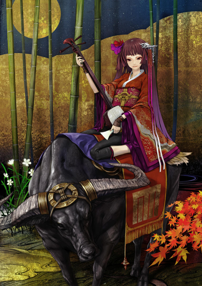 bachi bamboo bamboo_forest bangs blunt_bangs brown_hair forest highres hime_cut horns instrument japanese_clothes kimono leaf long_hair maple_leaf nature original plectrum red_kimono redjuice shamisen sidelocks solo straight_hair water_buffalo yukata