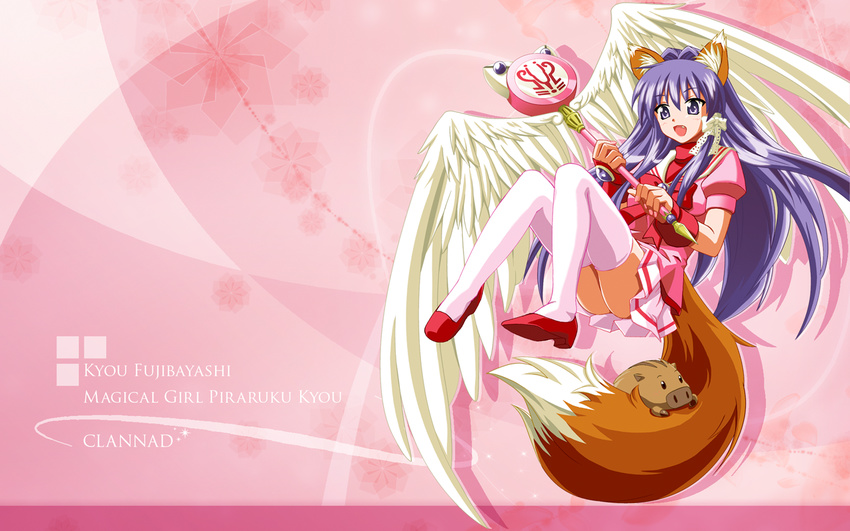 animal_ears bad_id bad_pixiv_id botan_(clannad) clannad fang fox_ears fox_tail fujibayashi_kyou long_hair magical_girl naka_noboru purple_eyes purple_hair solo tail thighhighs wallpaper wand white_legwear wings