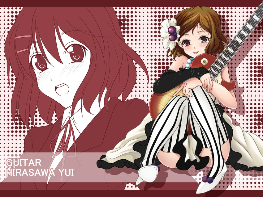 bad_id bad_pixiv_id blush brown_eyes brown_hair don't_say_"lazy" fujimori_mikan guitar highres hirasawa_yui instrument k-on! school_uniform sitting solo striped striped_legwear thighhighs vertical-striped_legwear vertical_stripes