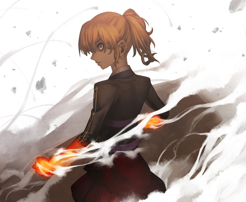 blonde_hair burning_hand fire grey_eyes highres kunieda ponytail skirt smoke solo umineko_no_naku_koro_ni ushiromiya_jessica