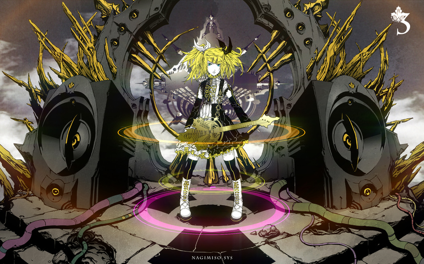 bass_guitar blonde_hair blue_eyes boots detached_sleeves dress frills gothic_lolita hair_ornament hair_ribbon hairclip highres instrument kagamine_rin kagamine_rin_(roshin_yuukai/hard_rkmix) lolita_fashion nagimiso ribbon roshin_yuukai_(vocaloid) solo thighhighs twintails vocaloid zettai_ryouiki