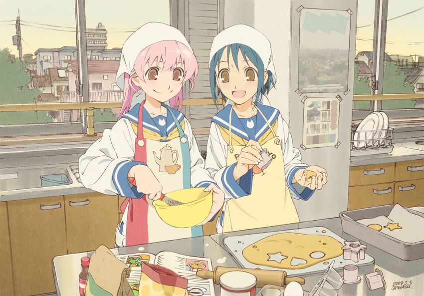 :d apron baking blue_hair bowl cookie_cutter cooking day dough graphite_(medium) happy head_scarf highres indoors kitchen mixed_media multiple_girls open_mouth original pink_hair power_lines rolling_pin school_uniform shiwasu_takashi smile traditional_media whisk whisking window