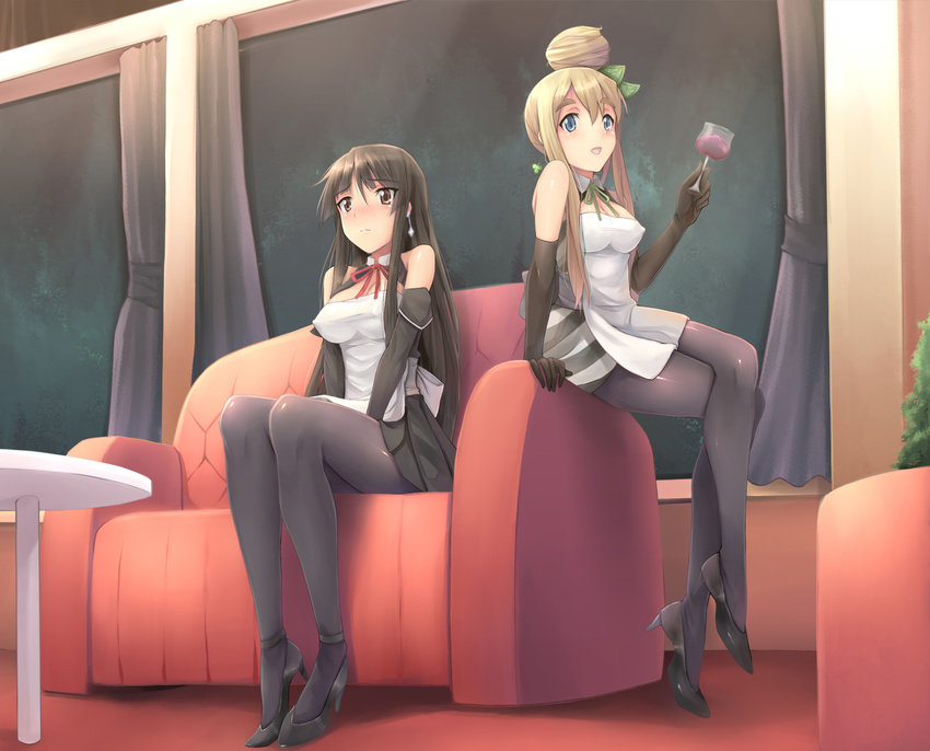 :d akiyama_mio apron arm_at_side arm_support bare_shoulders black_dress black_footwear black_legwear blonde_hair blush breasts closed_mouth club_(shape) cosplay couch covered_nipples crossed_legs cup curtains diamond_(shape) dream_c_club dream_c_club_(series) dress drinking_glass earrings elbow_gloves floor foot_dangle glass gloves green_neckwear green_ribbon hair_between_eyes hair_bun hair_ornament high_heels highres holding holding_cup jewelry k-on! kotobuki_tsumugi legs long_hair medium_breasts multiple_girls neck_ribbon nervous open_mouth pantyhose parody plant plantar_flexion pleated_dress red_neckwear red_ribbon ribbon sash shoes sidelocks sitting sleeveless smile stiletto_heels straight_hair striped striped_dress table v_arms very_long_hair waitress white_apron wine_glass yuki_usagi_(mofurafu)