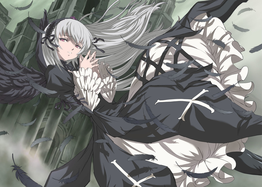 akira_(coffee_curry) arm_ribbon bangs black_ribbon black_wings castle cross dress dutch_angle feathered_wings feathers feet_out_of_frame fingers_together floating floating_hair grey_hair hairband inverted_cross lolita_hairband long_hair long_sleeves looking_at_viewer pink_eyes red_eyes ribbon rozen_maiden silver_hair solo spread_fingers suigintou wings