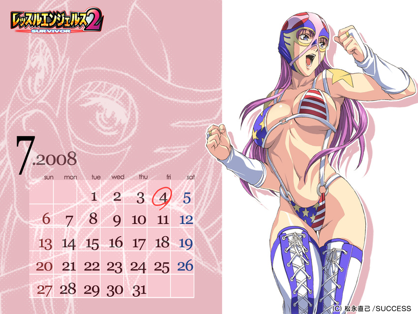 american_flag_bikini bikini boots breasts calendar_(medium) flag_print highres homare_(fool's_art) large_breasts long_hair mask open_mouth purple_hair slingshot_swimsuit solo swimsuit the_usa thigh_boots thighhighs underboob wallpaper wrestle_angels wrestle_angels_survivor_2 wrestling