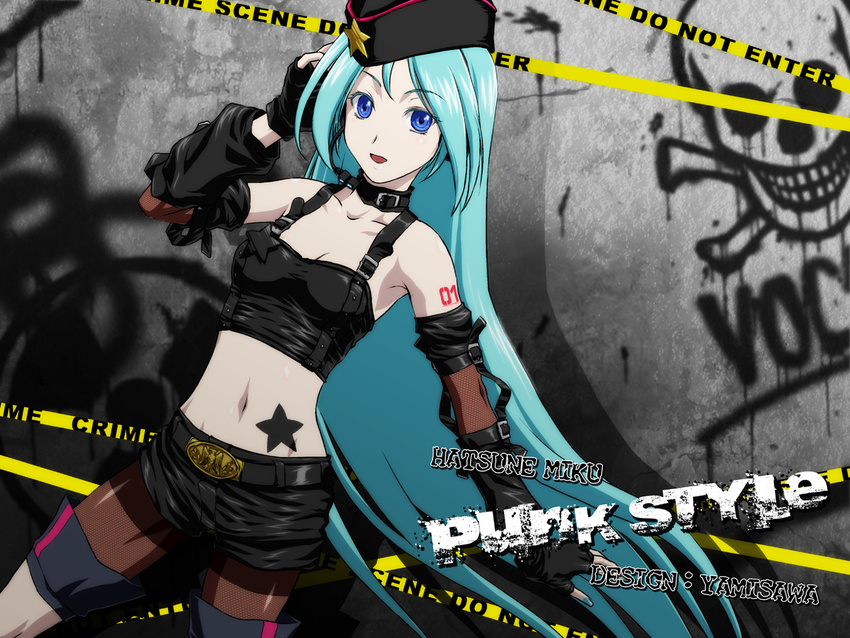 :d alternate_costume aqua_hair aqua_nails armpits bad_id bad_pixiv_id bangs bare_shoulders belt belt_buckle black_gloves blue_eyes boots breasts buckle caution_tape character_name cleavage collar collarbone colored_eyelashes cowboy_shot crop_top detached_sleeves english fingerless_gloves fishnet_legwear fishnets garrison_cap gloves graffiti hand_on_own_head hand_up hat hatsune_miku headset iga_tomoteru leather long_hair looking_at_viewer midriff nail_polish navel number open_mouth pantyhose project_diva project_diva_(series) punk punk_(module) radiation_symbol shadow short_shorts shorts skull_and_crossbones small_breasts smile solo star tattoo thigh_boots thighband_pantyhose thighhighs very_long_hair vocaloid wallpaper