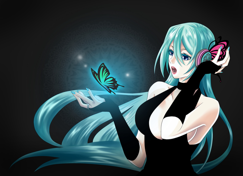 aqua_hair aqua_nails bad_id bad_pixiv_id bridal_gauntlets bug butterfly gloves hatsune_miku highres insect long_hair magnet_(vocaloid) nagi_kanako nail_polish solo very_long_hair vocaloid