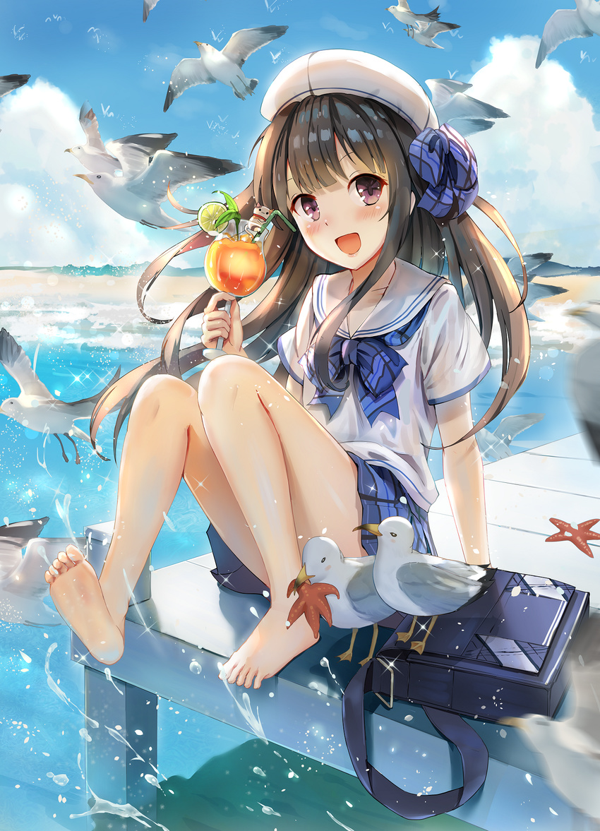 :d arm_support bag bangs bare_legs barefoot beach bendy_straw bird black_hair blouse blue_skirt blunt_bangs blush bow cloud cocktail cup day drink drinking_glass drinking_straw feet full_body hat highres holding holding_cup ipass_(yi_ka_tong) knees_up lime_slice long_hair looking_at_viewer miniskirt ocean open_mouth outdoors pier plaid plaid_skirt pleated_skirt purple_eyes qian_wu_atai sailor_hat school_bag school_uniform seagull serafuku shore short_sleeves sitting skirt sky smile soles solo sparkle starfish toes tropical_drink water water_drop white_blouse xiao_pa