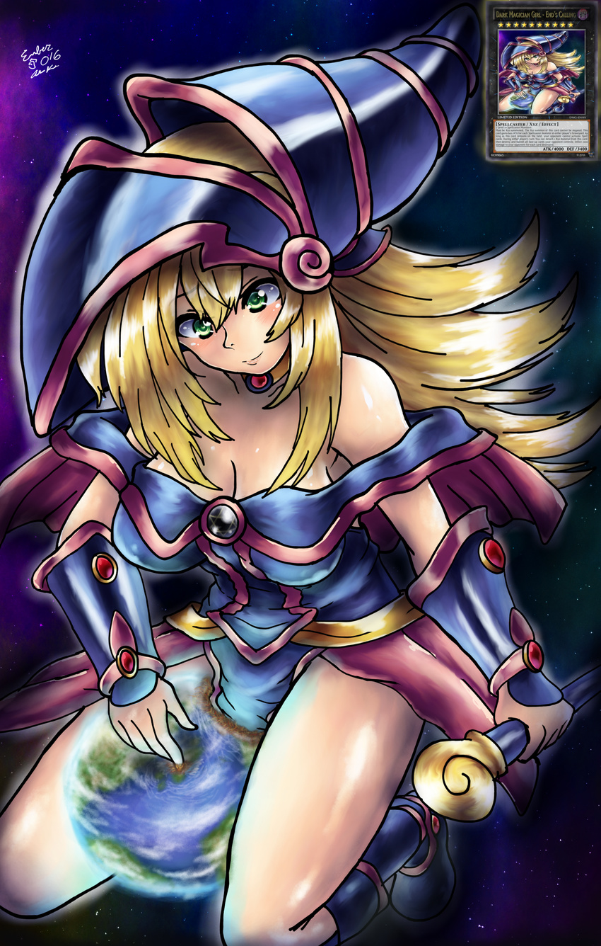 1girl bare_shoulders blonde_hair blue_boots blush bracer breasts card cleavage dark_magician_girl duel_monster earth giantess green_eyes hat holding holding_staff large_breasts long_hair off_shoulder pink_skirt skirt solo staff wizard_hat yu-gi-oh!