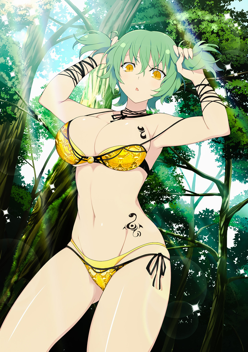 1girl :o armpits arms_up bikini bra breasts bunching_hair female forest green_hair groin hair_pull hikage_(senran_kagura) large_breasts layered_bikini lens_flare light_rays looking_at_viewer looking_down midriff mound_of_venus nature navel official_art open_mouth panties photoshop senran_kagura senran_kagura_(series) short_hair short_twintails side-tie_bikini side-tie_panties sky slit_pupils solo standing sunlight swimsuit tattoo tattooed_breast tree twintails underwear waifu2x yaegashi_nan yellow_bikini yellow_bra yellow_eyes yellow_panties