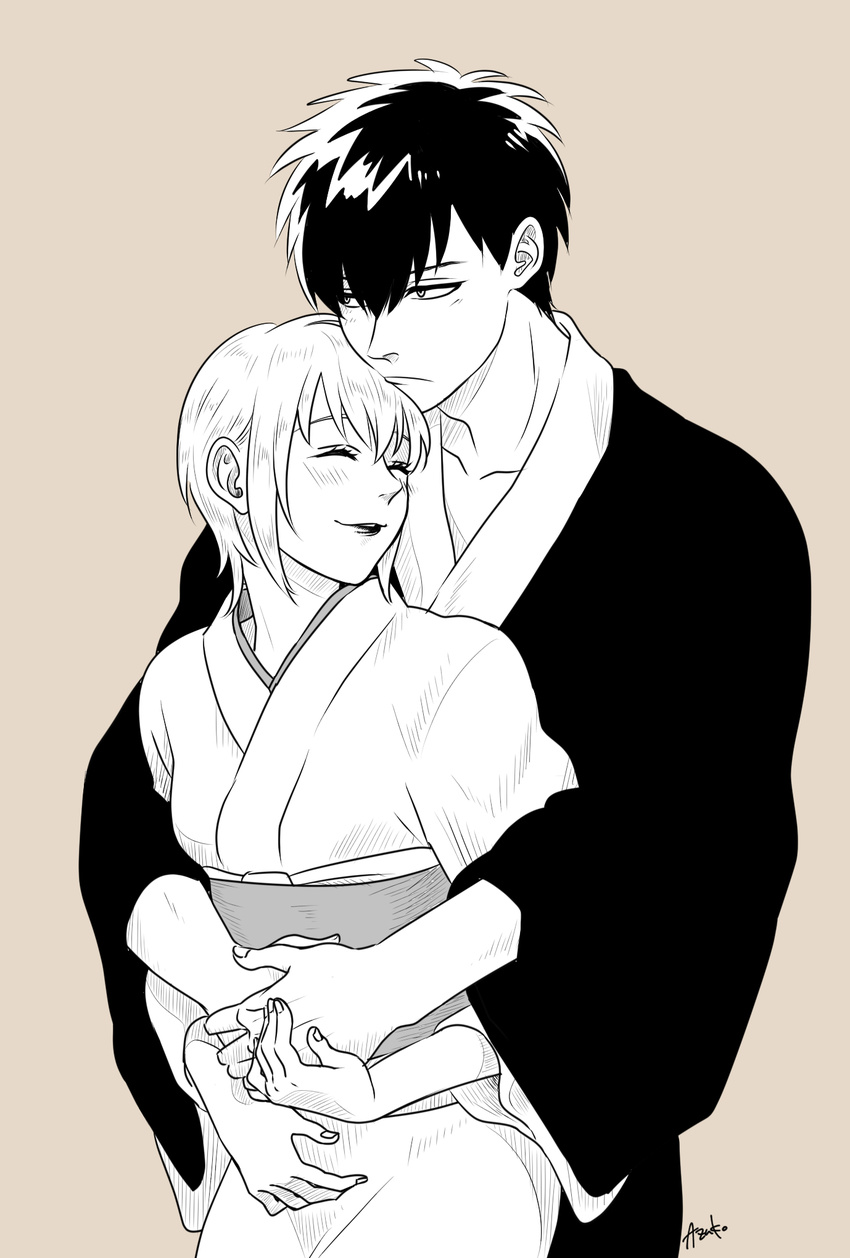 1girl black_hair blush closed_eyes couple gintama hetero highres hijikata_toushirou hug hug_from_behind japanese_clothes kimono monochrome obi okita_mitsuba pink_background sash short_hair smile yonchi