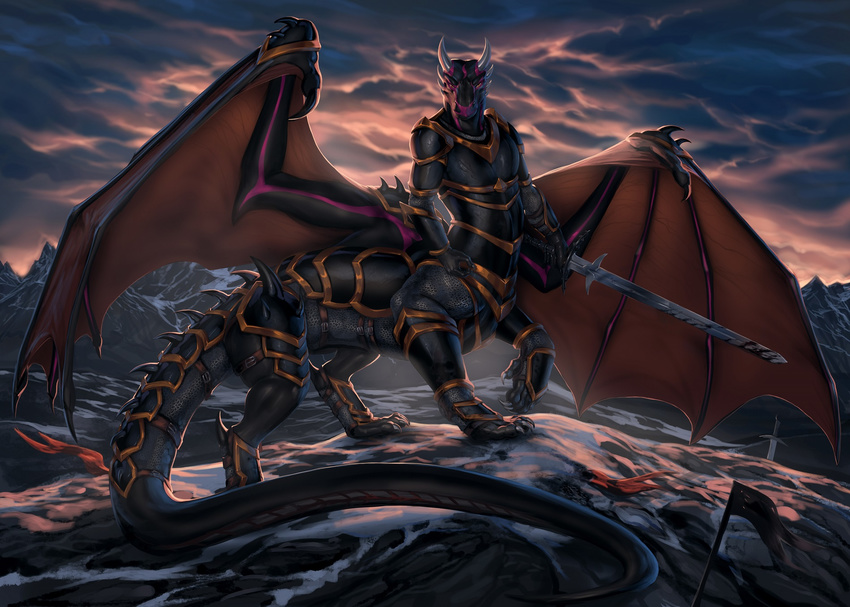 5_fingers aaros_(artist) armor black_skin centaur claws day detailed_background dragon equine equine_taur holding_object holding_weapon horn hybrid looking_at_viewer mammal melee_weapon outside solo spread_wings standing sword taur weapon wings