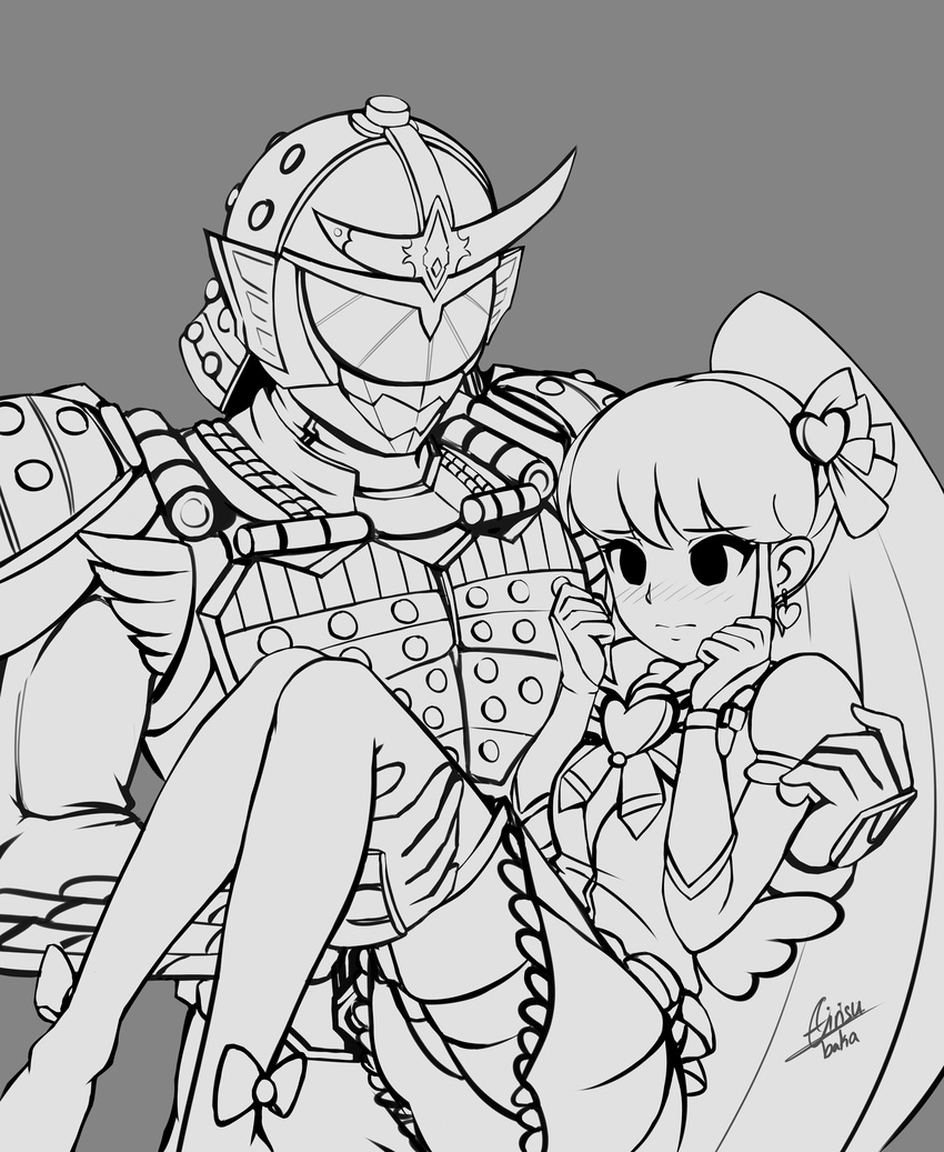 1girl absurdres aino_megumi airisubaka armor blush carrying crossover cure_lovely dress greyscale happinesscharge_precure! helmet highres kamen_rider kamen_rider_gaim kamen_rider_gaim_(series) lineart long_hair monochrome ponytail precure princess_carry wide_ponytail