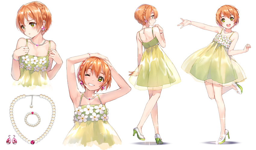 :t ;d bare_shoulders casual dress earrings flower grin high_heels highres hoshizora_rin jewelry love_live! love_live!_school_idol_project multiple_views necklace one_eye_closed open_mouth orange_hair sheska_xue short_hair smile