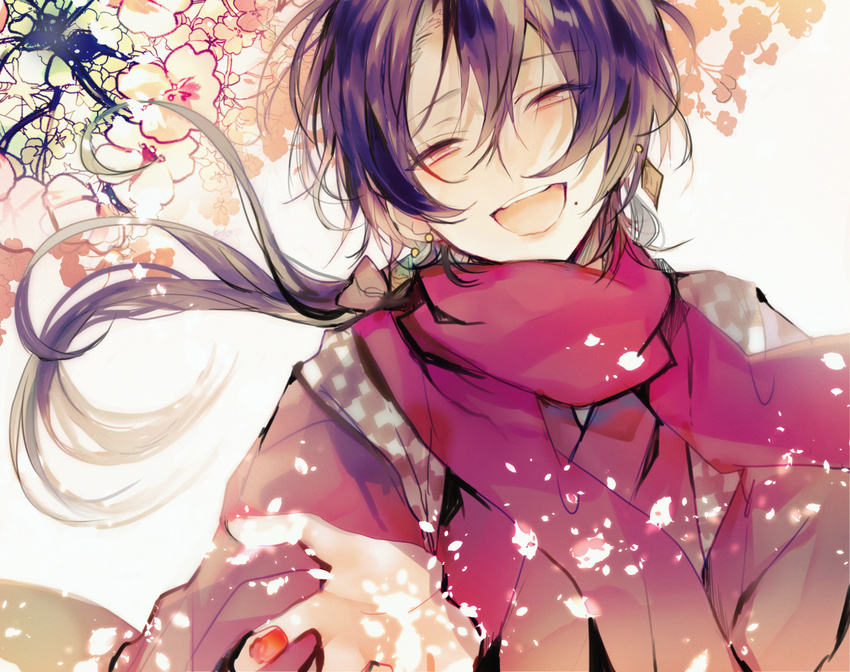 earrings japanese_clothes jewelry kashuu_kiyomitsu long_hair male_focus mole mole_under_mouth open_mouth poni_(rito) ponytail purple_hair red_eyes red_scarf scarf smile solo touken_ranbu