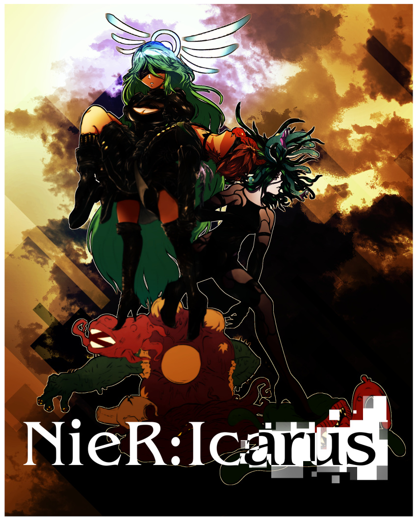 2girls absurdres black_dress black_footwear blindfold boots breasts brown_hair carrying cleavage cleavage_cutout cloud cloudy_sky copyright_name cosplay dark_background dark_clouds dress green_hair high_heels highres kid_icarus kid_icarus_uprising long_hair medusa_(kid_icarus) monster_girl multiple_girls nier_(series) nier_automata nintendo pale_skin palutena parody parted_lips pit_(kid_icarus) princess_carry puffy_short_sleeves puffy_sleeves sanikink short_sleeves sky snake_hair standing thighhighs very_long_hair yorha_no._2_type_b yorha_no._2_type_b_(cosplay) yorha_no._9_type_s yorha_no._9_type_s_(cosplay) yorha_type_a_no._2 yorha_type_a_no._2_(cosplay)