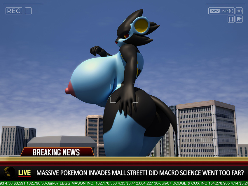 2016 3d_(artwork) anthro anthroanim anthrofied areola big_breasts black_fur breasts building butt city detailed_background digital_media_(artwork) english_text engrish erect_nipples female fur huge_breasts luxray macro news nintendo nipples nude outside pok&eacute;mon shizuma_(anthroanim) solo text video_games