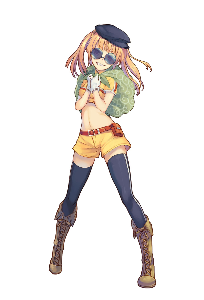 black_legwear full_body glasses gloves grin hat highres kaitou_straker long_hair looking_at_viewer midriff mizuto_umi_(blue_monday) navel official_art round_eyewear short_sleeves shorts simple_background smile solo sunglasses thighhighs toys_drive twintails white_background white_gloves