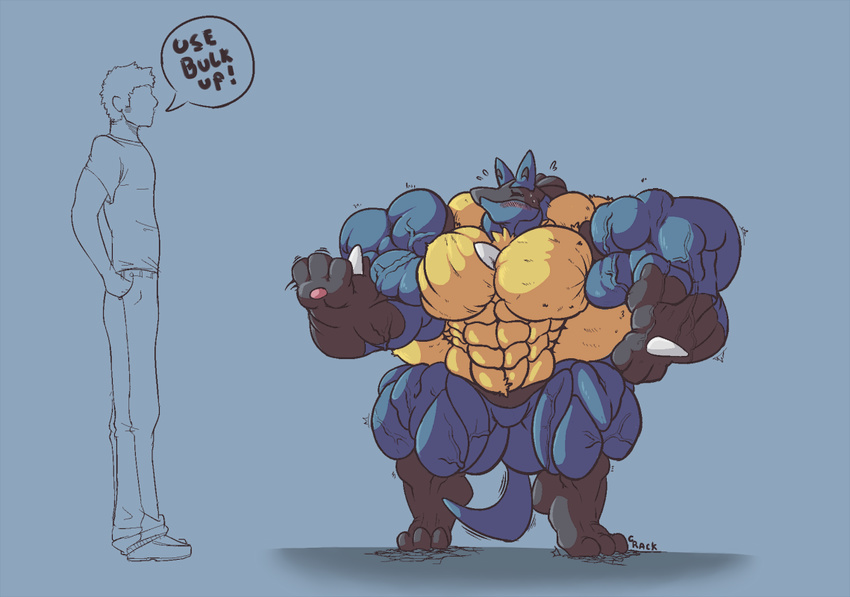2016 3_toes abs biceps big_biceps black_fur blue_background blue_fur blue_theme blush clothing colored dialogue digital_drawing_(artwork) digital_media_(artwork) digitigrade duo english_text eyes_closed fist flexing footwear front_view fur hands_in_pockets human hyper hyper_muscles light lucario mammal manly multicolored_fur muscular naturally_censored nintendo nude pants pecs pok&eacute;mon schwartzgeist serratus shaded shirt shoes simple_background snout solo_focus standing tan_fur text toes toony vein video_games