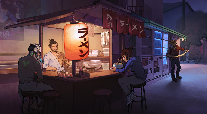 3boys arm_support beard casual chopsticks cowboy_hat cyborg drinking eating facial_hair food genji_(overwatch) glasses hadanugi_dousa hair_bun hair_ornament hairpin hanzo_(overwatch) hat highres lantern mccree_(overwatch) mei_(overwatch) multiple_boys night noodles overwatch ramen shroedinger sitting stall table tattoo vending_machine