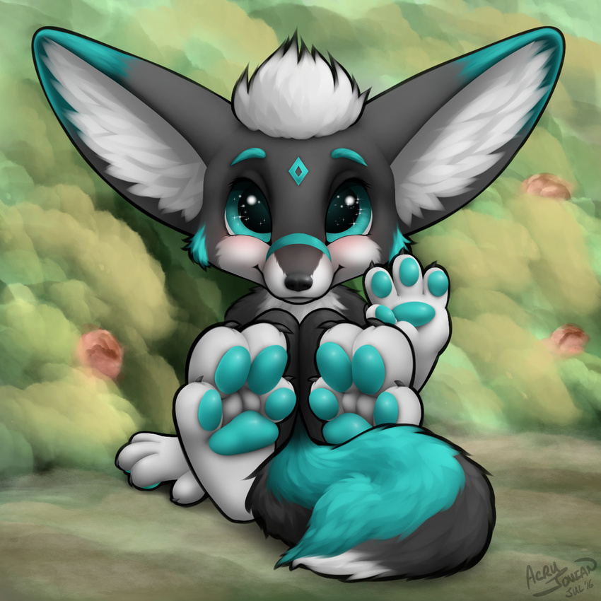 acru_jovian ambiguous_gender canine chibi cute darkfuzzypaws digital_media_(artwork) fennec fluffy fox fur hindpaw mammal pawpads paws portrait simple_background solo sparkles toes