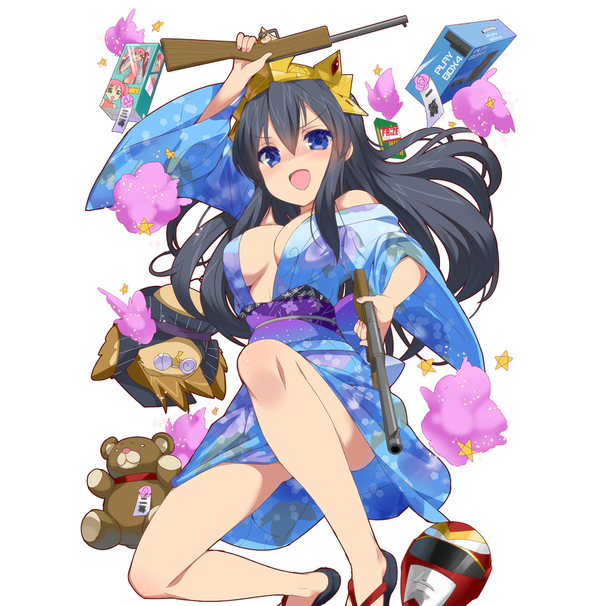 :3 :d arm_up bangs bare_shoulders bird black_hair blue_eyes blue_kimono box breasts breasts_apart broken_eyewear center_opening china_dress chinese_clothes cleavage coke-bottle_glasses collar colored_eyelashes convenient_censoring convenient_leg dress dual_wielding eyebrows eyebrows_visible_through_hair finger_on_trigger floating_hair floral_print flower full_body game_console gem glasses green_eyes gun hair_between_eyes helmet highres holding holding_gun holding_weapon japanese_clothes kimono knee_up kusaka_souji long_hair long_sleeves looking_at_viewer marina_sophia medium_breasts nail_polish no_bra o_o obi off_shoulder official_art opaque_glasses open_clothes open_kimono open_mouth owl pelvic_curtain pink_dress pink_flower pink_hair pink_nails pink_rose pinstripe_pattern rifle rose ruby_(stone) sandals sash sidelocks smile smoke squatting star striped stuffed_animal stuffed_toy teddy_bear tiara toy_gun transparent_background twintails uchi_no_hime-sama_ga_ichiban_kawaii v-shaped_eyebrows very_long_hair visor weapon wide_sleeves yukata